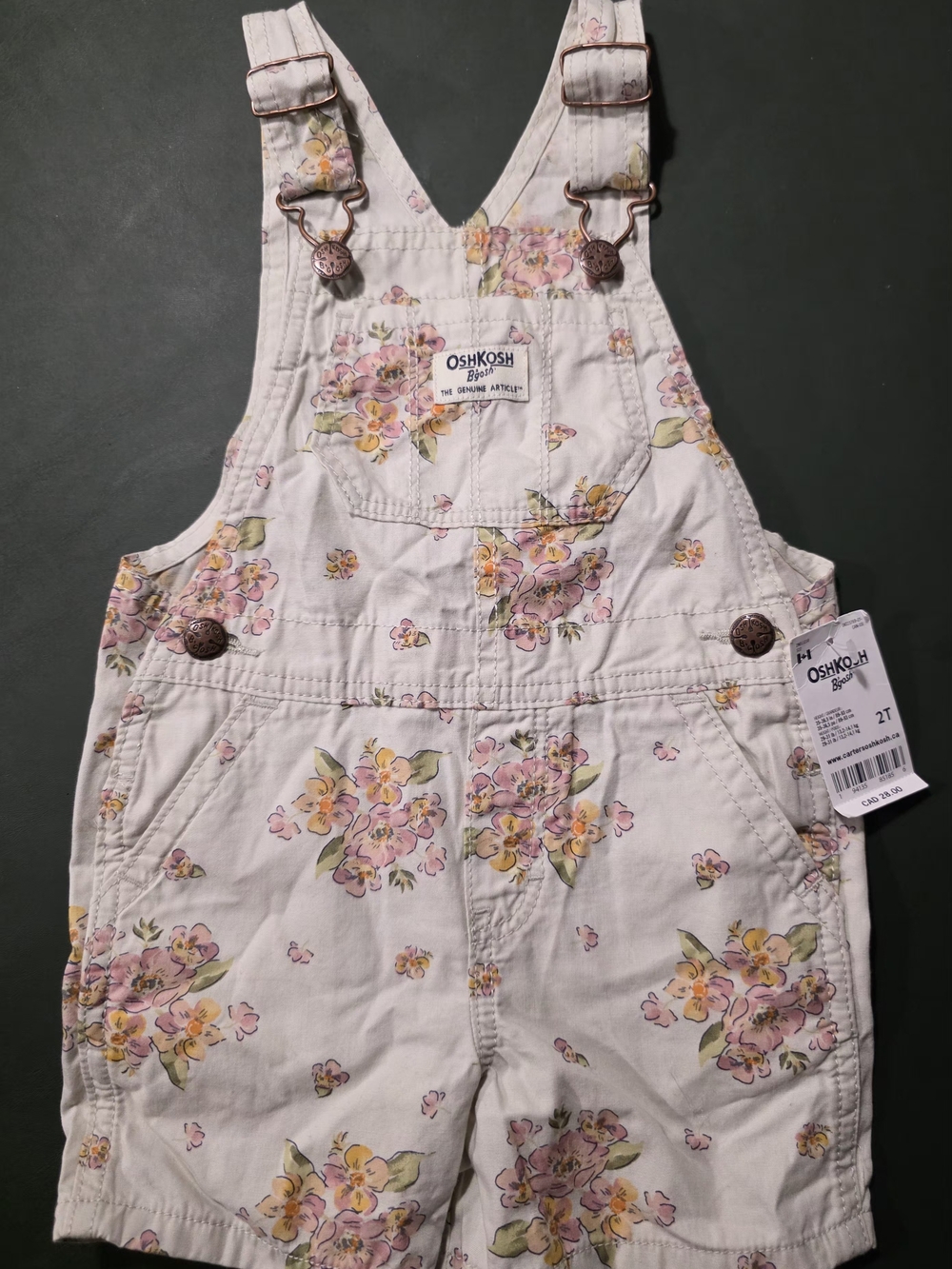 OshKosh B'gosh White Floral Short Overalls with Pink & Yellow Flowers
